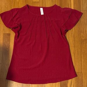 Pleated Flutter-Sleeve Blouse in Wine